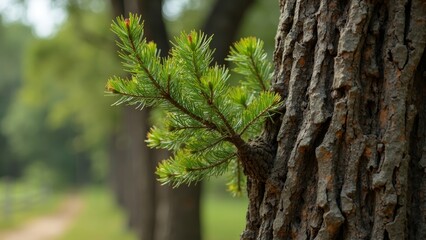 Natural scene of pine branches attached to the trunk