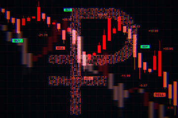 Russian ruble crisis symbol with falling candlestick chart and red market crash indicators on dark...