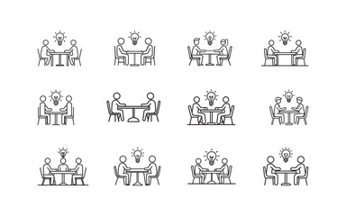 Team Brainstorming Icon Set – Idea Sharing and Collaboration Line Illustrations