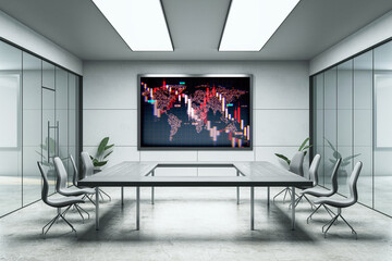 Corporate meeting room with world map chart showing financial market crash and red downward trends...