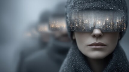 City street filled with people wearing digital visors, each perceiving unique and personalized realities in a shared space at twilight