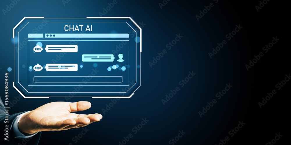 Poster chat ai interface with chatbot messages hovering above a human hand on dark background, symbolizing 