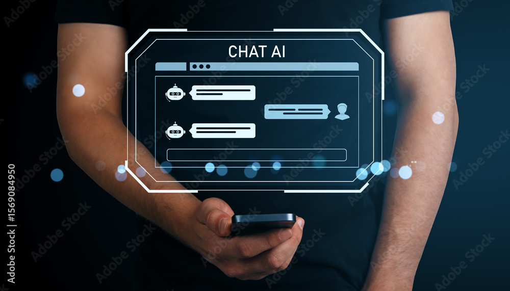 Poster chat ai interface concept with chatbot messages on virtual screen held by man using smartphone on da