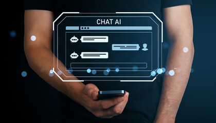 Chat AI interface concept with chatbot messages on virtual screen held by man using smartphone on...