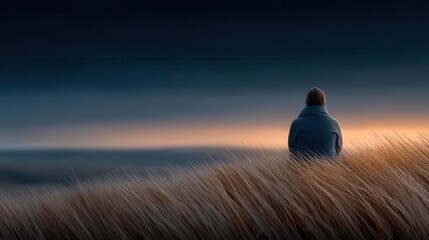 Person sitting quietly in tall grass on a calm, overcast day with a distant horizon and soft colors