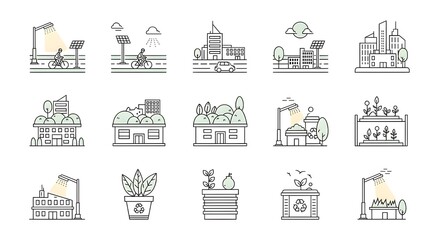 Sustainable city icons with bicycle, buildings and solar panels