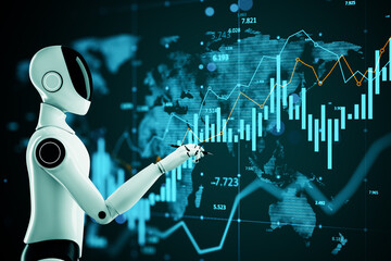 Futuristic robot assistant analyzing financial data charts on digital screen for modern fintech and...