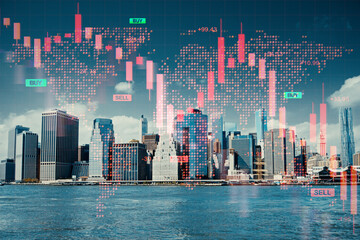 Global financial market crash concept with falling red stock chart over modern city skyline and...