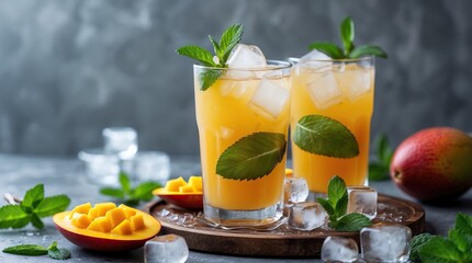 Fototapeta premium Mango Drink with Ice and Mint — A Scene of Tropical Freshness, Sensory Bliss, and a Taste That Cools Even Time Itself