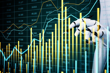 Robotic hand analyzing digital financial graphs with futuristic UI concept for fintech and forex...