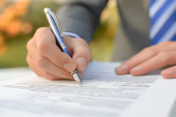 Signing Document Close-up with Blue Pen in a Business Setting, motion blur Business concept, motion bokeh background