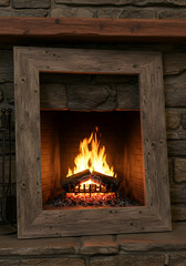 Rustic wooden fireplace surround with a crackling fire. Warm and inviting interior design element with a stone exterior.