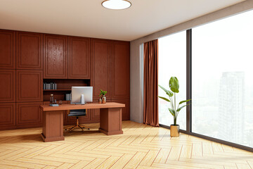 Modern executive office interior with wooden furniture, large glass window, city view, and elegant...