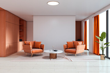 Modern corporate waiting area with orange armchairs, marble coffee table, and large windows with...