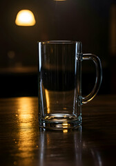 Empty clear glass mug on a dark wooden table in a dimly lit bar setting. Empty vessel with handle in a restaurant or pub setting.