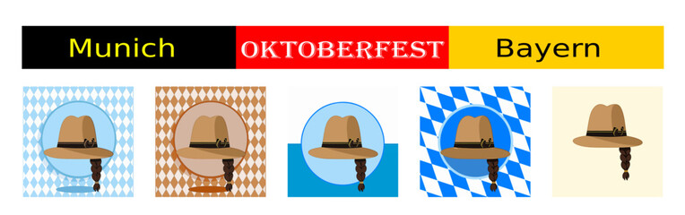 From the "oktoberfest" series, felt hat with a women's braid wig with different variants of bavarian patterns and backgrounds	