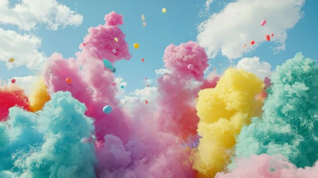 Colorful clouds and balloons against a bright blue sky.