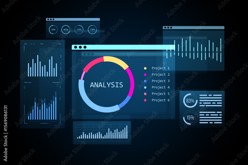 Poster digital analysis dashboard interface with charts, graphs, and colorful data visualizations on dark b
