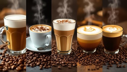 Variety of Coffee Cups with Different Latte Art Designs.