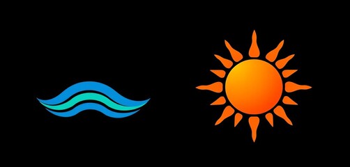 Naklejka premium Abstract sun and sea icons, vibrant colors, black background, yellow, digital