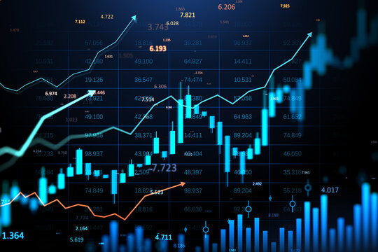 Digital forex and stock market chart with upward arrows and glowing data on dark screen background showing financial growth trends. 3D Rendering - Powered by Adobe