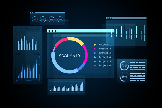 Digital analysis dashboard interface with charts, graphs, and colorful data visualizations on dark blue virtual screen. 3D Rendering