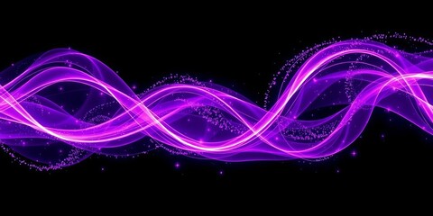 Abstract swirling purple energy waves with glowing particles on a black background, radiation, electricity