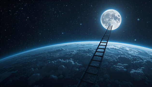 A ladder stretches from Earth toward the radiant moon, symbolizing dreams, goals, and reaching for the stars in a serene night sky.