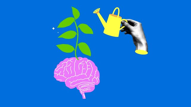 Knowledge concept. Modern collage with halftone hand waters the brain from a watering can. Plant grows from the brain. Mental health concept. Animation