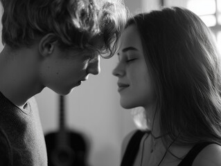 Fototapeta premium Young couple leaning towards each other with closed eyes in intimate moment 