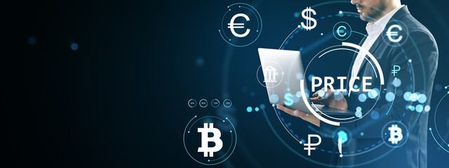 Businessman analyzing currency price data on laptop with digital forex and cryptocurrency icons in holographic interface on dark background.