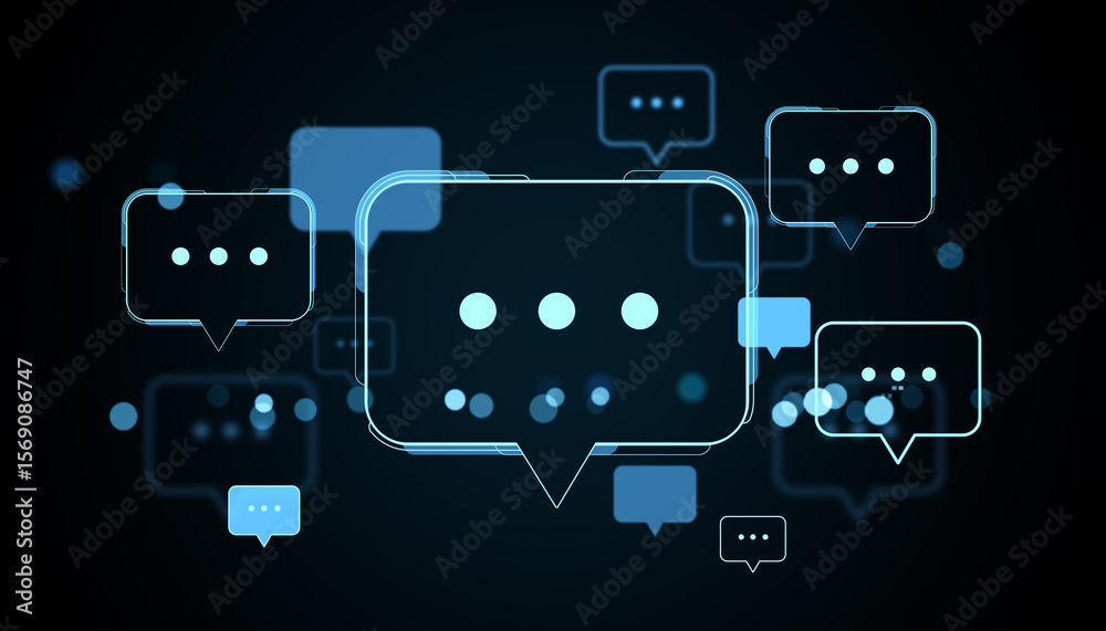 Poster Glowing digital speech bubble icons floating on dark background representing modern communication interface concept with neon blue design elements. 3D Rendering