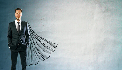 Confident businessman in suit with illustrated superhero cape standing against wall symbolizing leadership, power, and professional success.