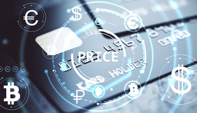 Digital currency symbols floating over credit card with futuristic holographic interface representing online financial exchange and pricing concept.