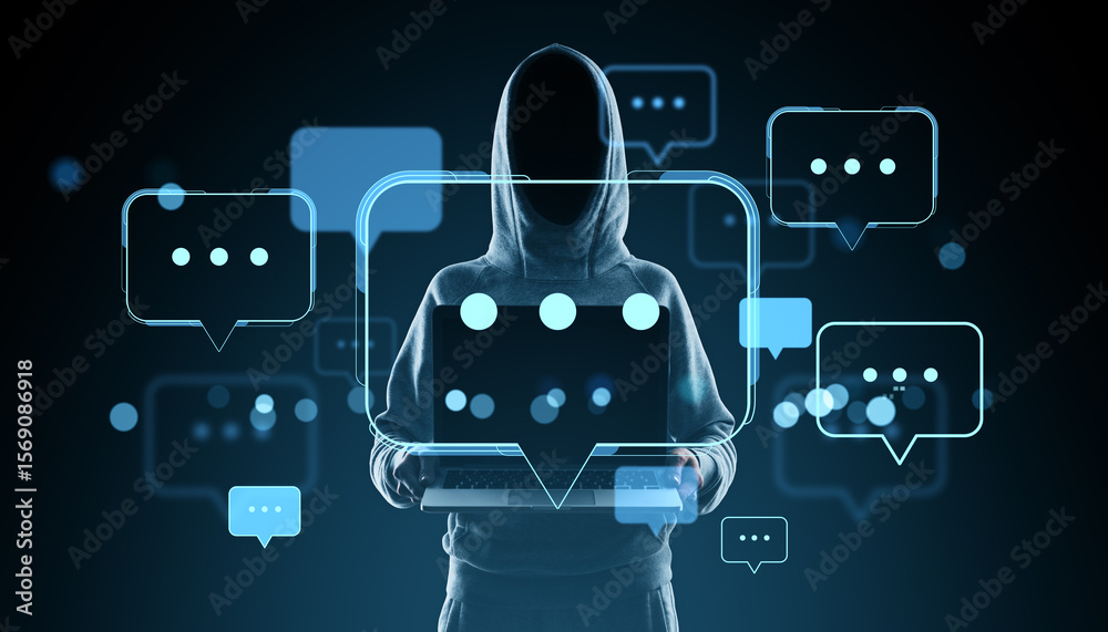 Poster anonymous hacker in hoodie with speech bubbles and chat icons representing online communication and 