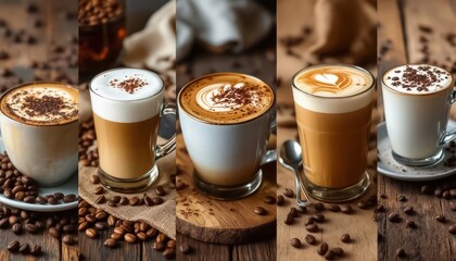 Variety of Coffee Cups with Different Latte Art Designs.