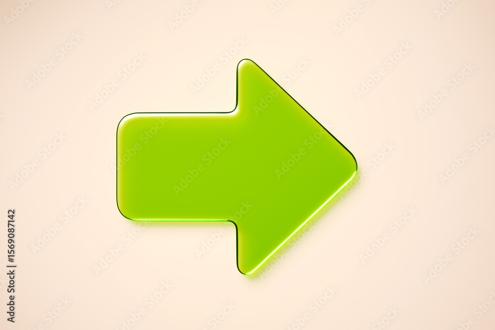 Fototapete green glass right arrow symbol isolated on light gradient background, modern button design template 