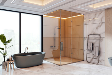 Modern luxury bathroom interior with glass shower, freestanding bathtub, and marble walls in...
