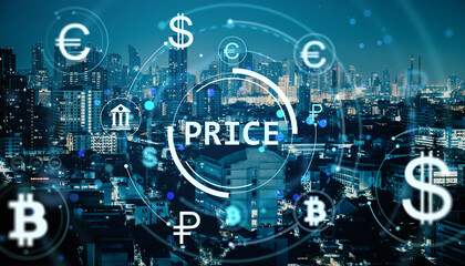 Digital currency symbols and financial technology interface overlay on modern cityscape at night representing price and market data exchange concept.