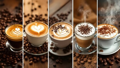 Variety of Coffee Cups with Different Latte Art Designs.