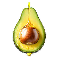 oil dripping from avocado fruit isolated on a white background