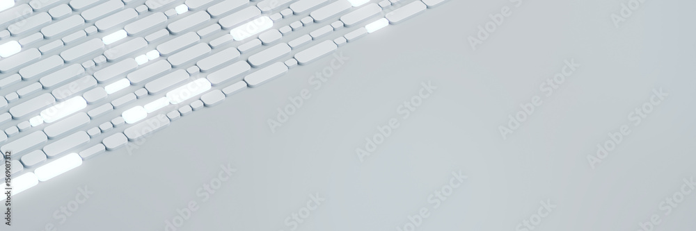 Poster futuristic diagonal glowing white tile pattern on clean grey background with copy space for modern t