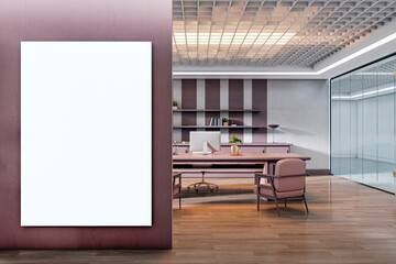 Vertical blank canvas mockup on wooden wall in luxurious modern executive office interior with...