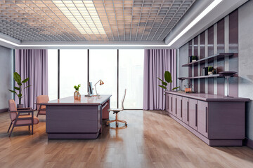 Modern luxury executive office with sleek wooden furniture, large windows, and a city view in a...
