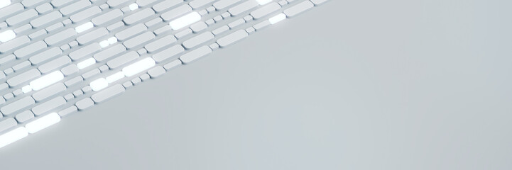Futuristic diagonal glowing white tile pattern on clean grey background with copy space for modern...