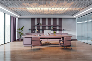 Luxury modern executive office with large desk, glass partitions, and panoramic city view in...