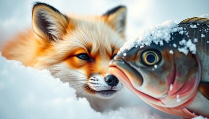 Fototapeta premium Arctic fox nose to snow-covered fish, playful interaction, frozen fish, adorable
