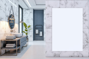Vertical mockup poster on marble wall in luxury modern bathroom interior with stylish sink, decor,...