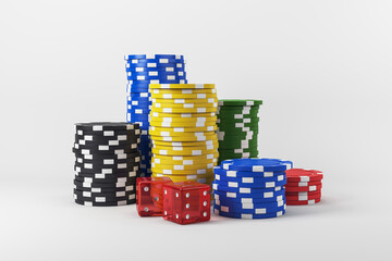 Colorful stacks of poker chips and red dice on a clean white background for casino, gambling, and...