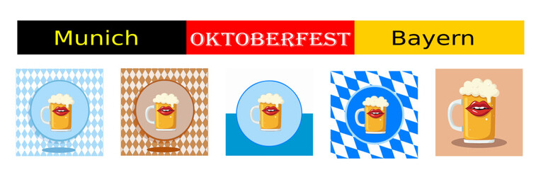 From the "oktoberfest" series, set of smiling mug of foaming beer with different variants of bavarian patterns and backgrounds